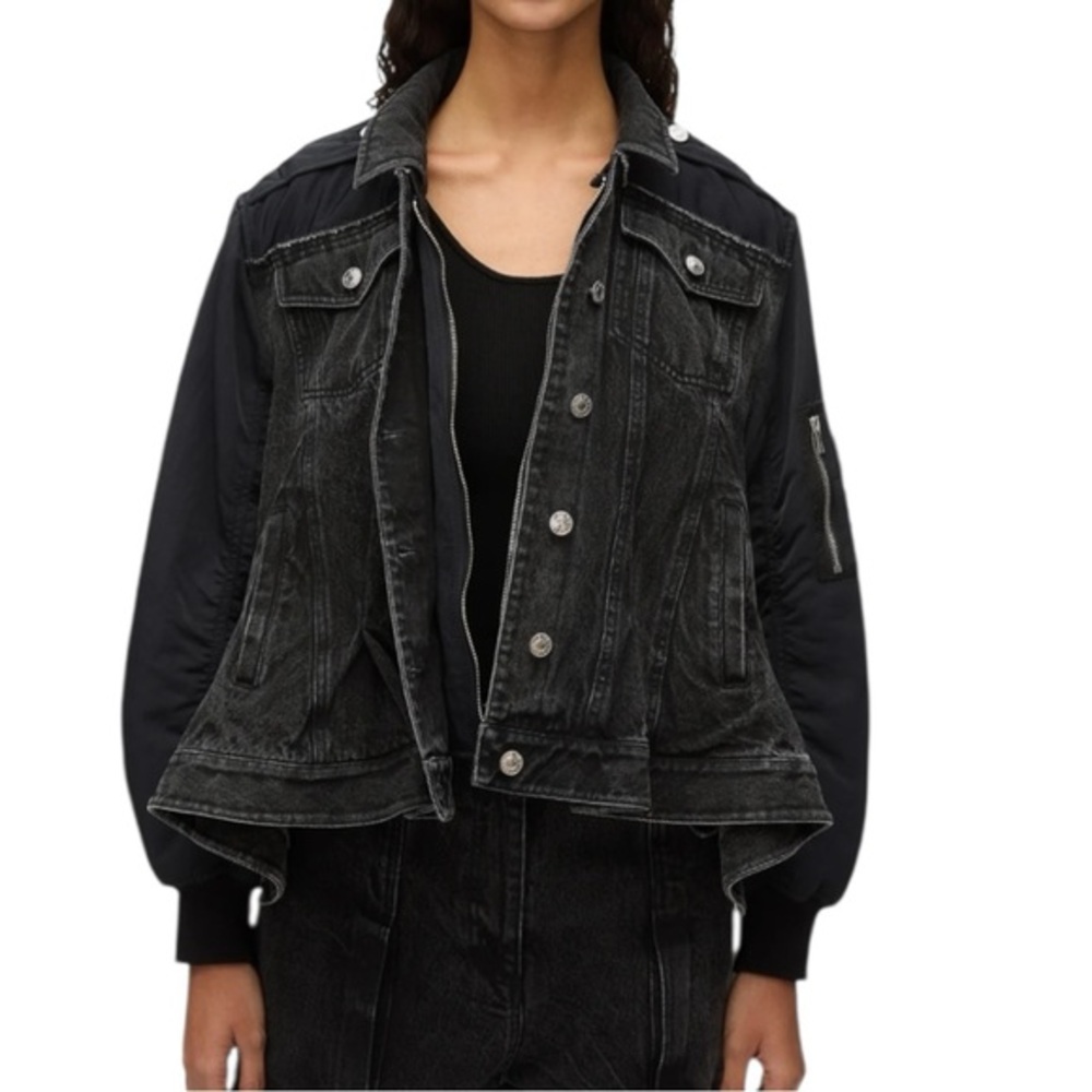 3.1 Phillip Lim Hybrid Denim Flight Jacket Blue/Black w/Contrast Sleeves Size S